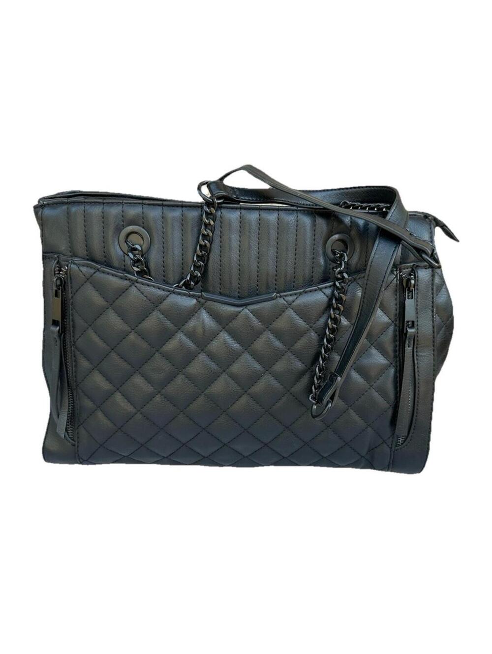 ALDO Black Quilted Shoulder Bag Chain Strap Large Tote Faux Leather - Picture 2 of 9